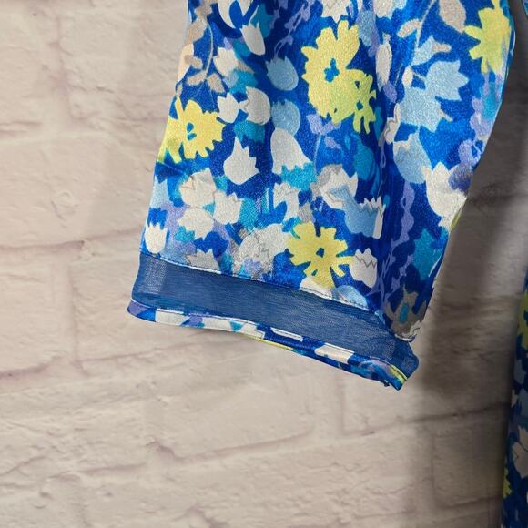 L Oscar De La Renta Pink Label VTG Blue Floral Slip & Robe Set Sze L Satin Bloom - Picture 3 of 16